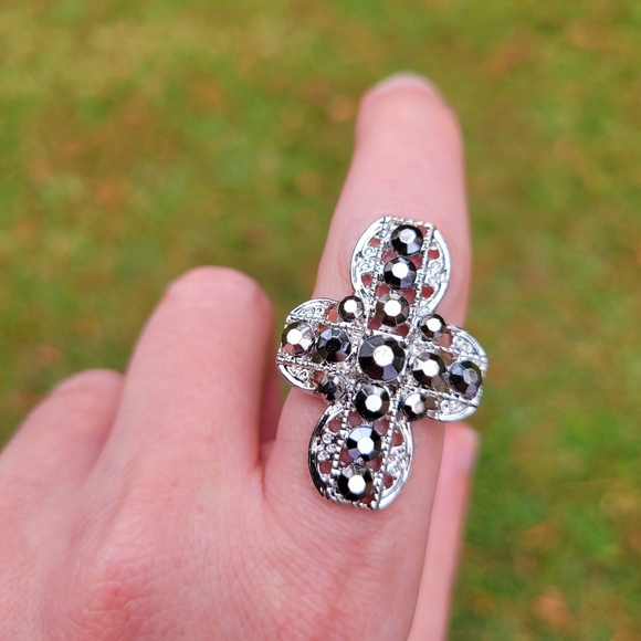 Joy of the Saints Silver Cross Black Crystal Gemstone Ring One Size Fits All - Picture 6 of 12